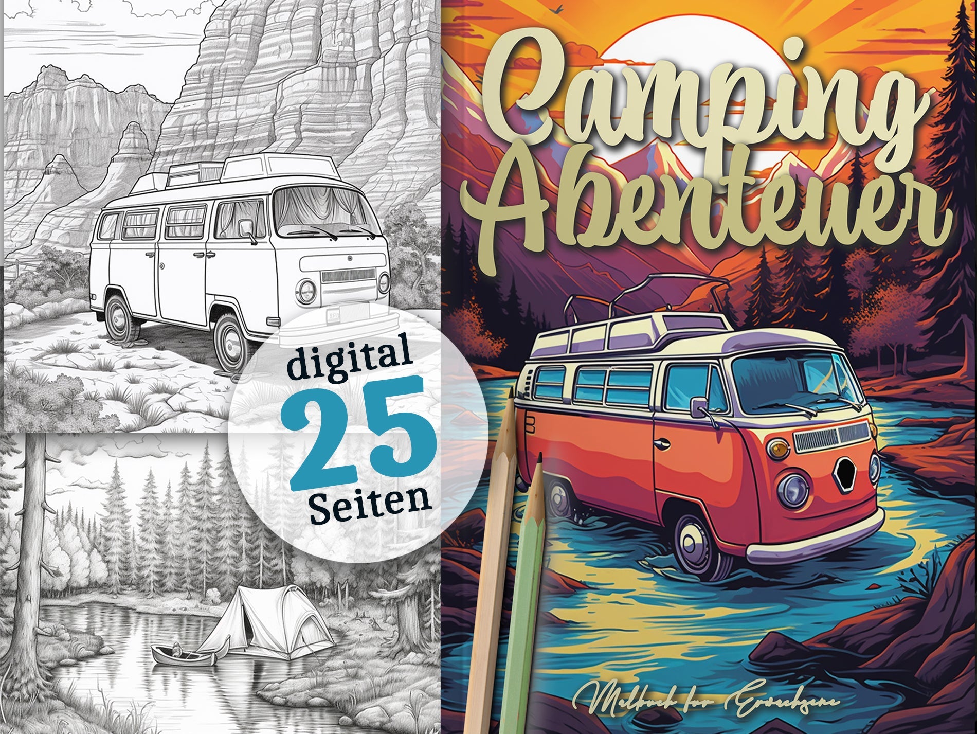 Camping Abenteuer Malbuch Graustufen (Digital) - Monsoon Publishing