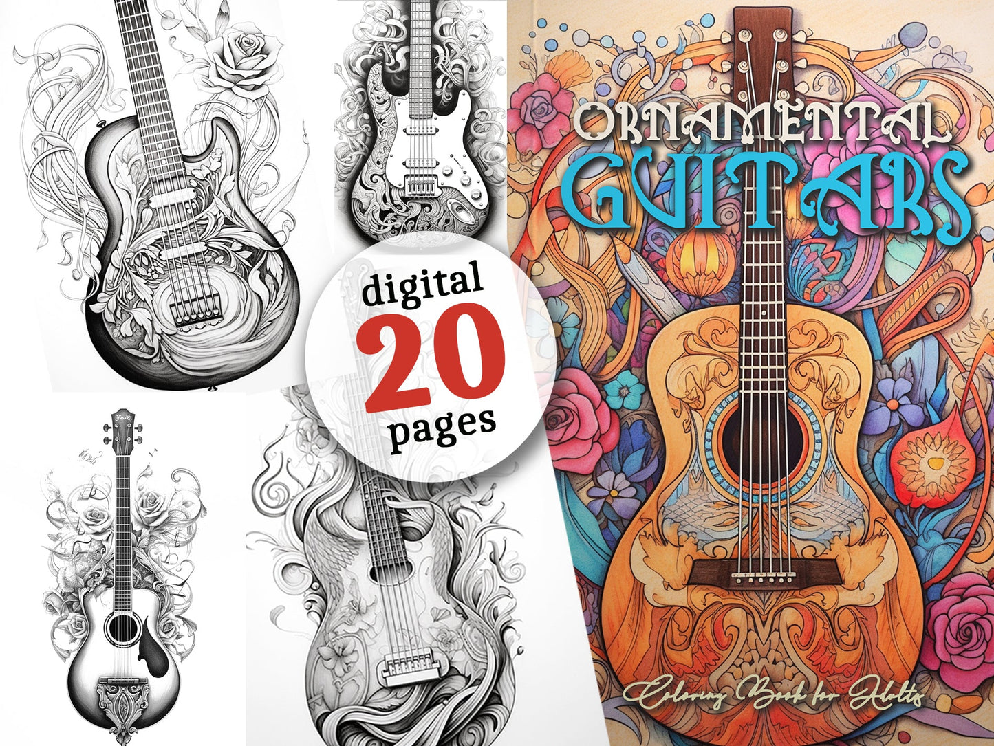 Gitarren Graustufen Malbuch (Digital) - Monsoon Publishing