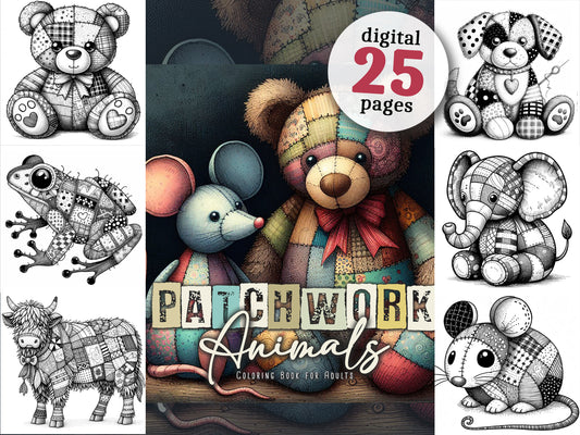 Patchwork Tiere Malbuch Graustufen (Digital)