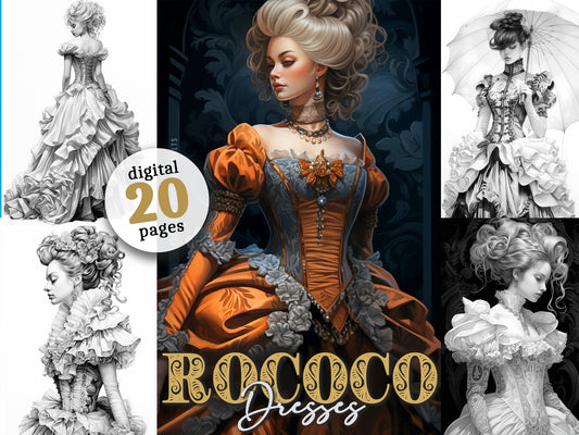 Rococo Kleider Malbuch Graustufen (Digital) - Monsoon Publishing